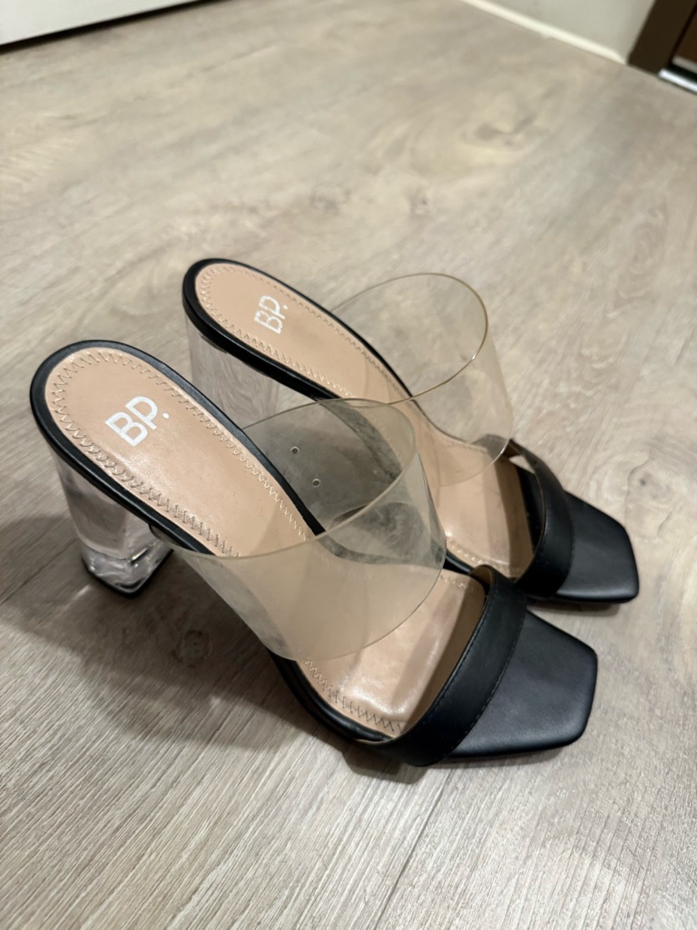 bp Black and Clear Block Heel Mule Sandals